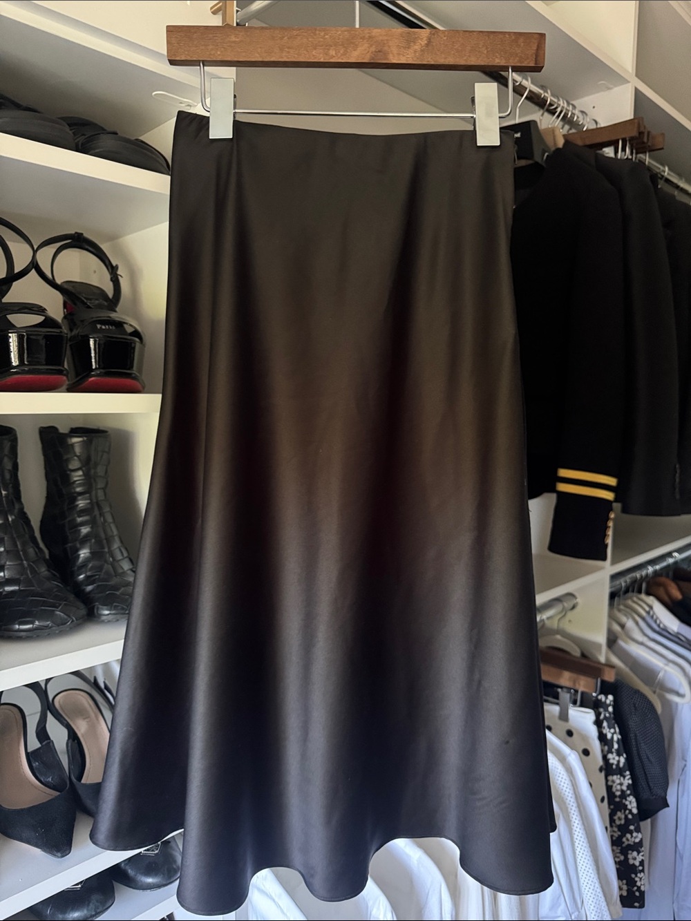 Kirna Zabete Sleek Black Satin A-Line Skirt